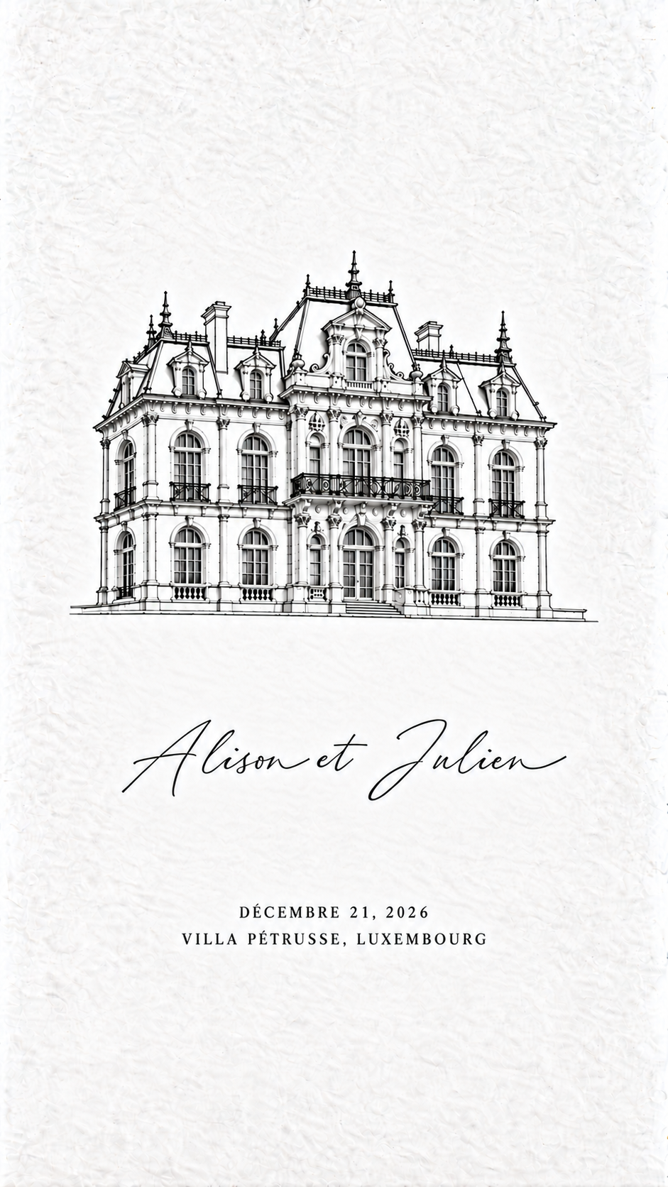 Dessin architectural noir et blanc de la Villa Pétrusse, agrandi, sur papier grainé. Alison et Julien. DÉCEMBRE 21, 2026. VILLA PÉTRUSSE, LUXEMBOURG.